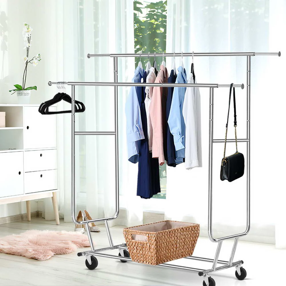 Clothes Rack Airer Double Rail Coat Stand Adjustable Hanger - Nurns