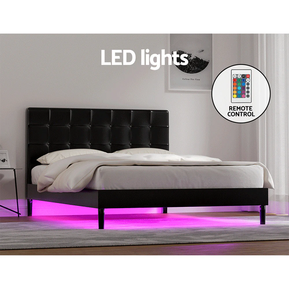 Eloise Bed Frame Base with LED Lights Charge Ports Leather - Black Double - Nurns