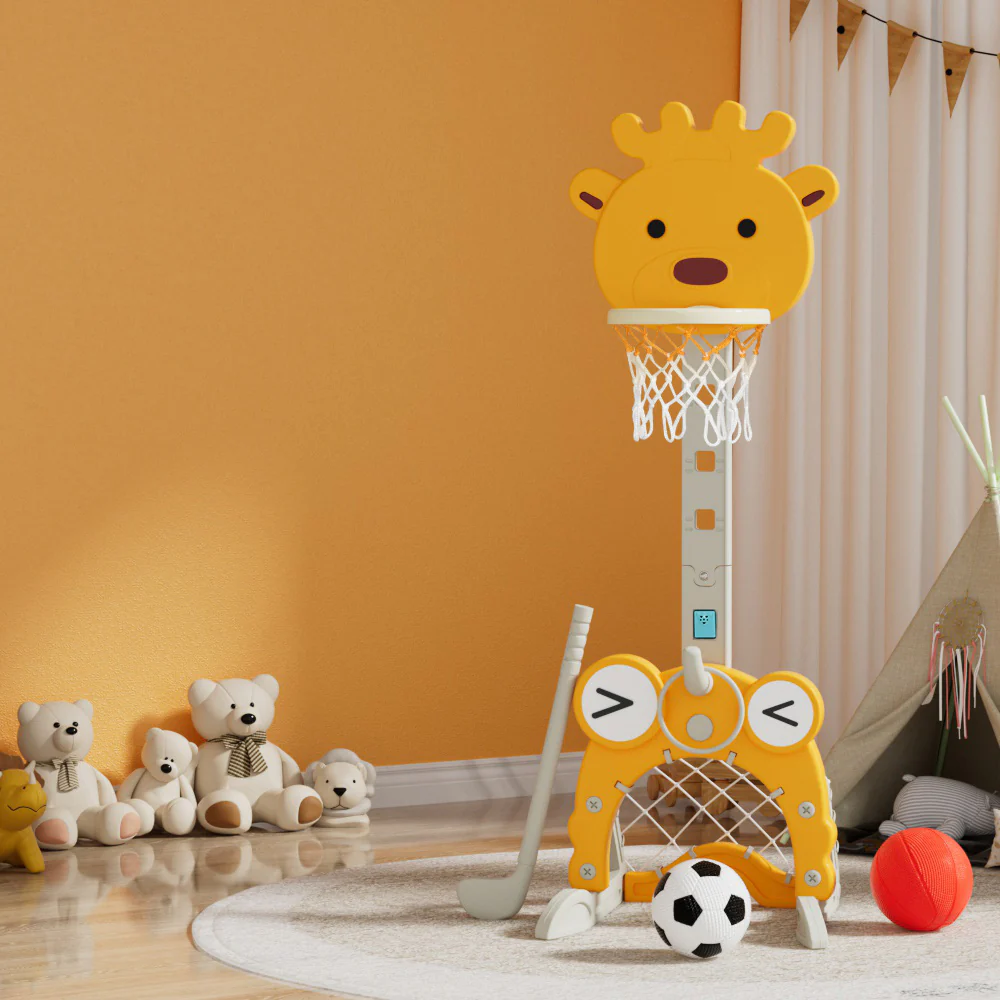 Keezi Kids Basketball Hoop Stand Adjustable 5-in-1 Sports Centre Toys Set Yellow - Nurns