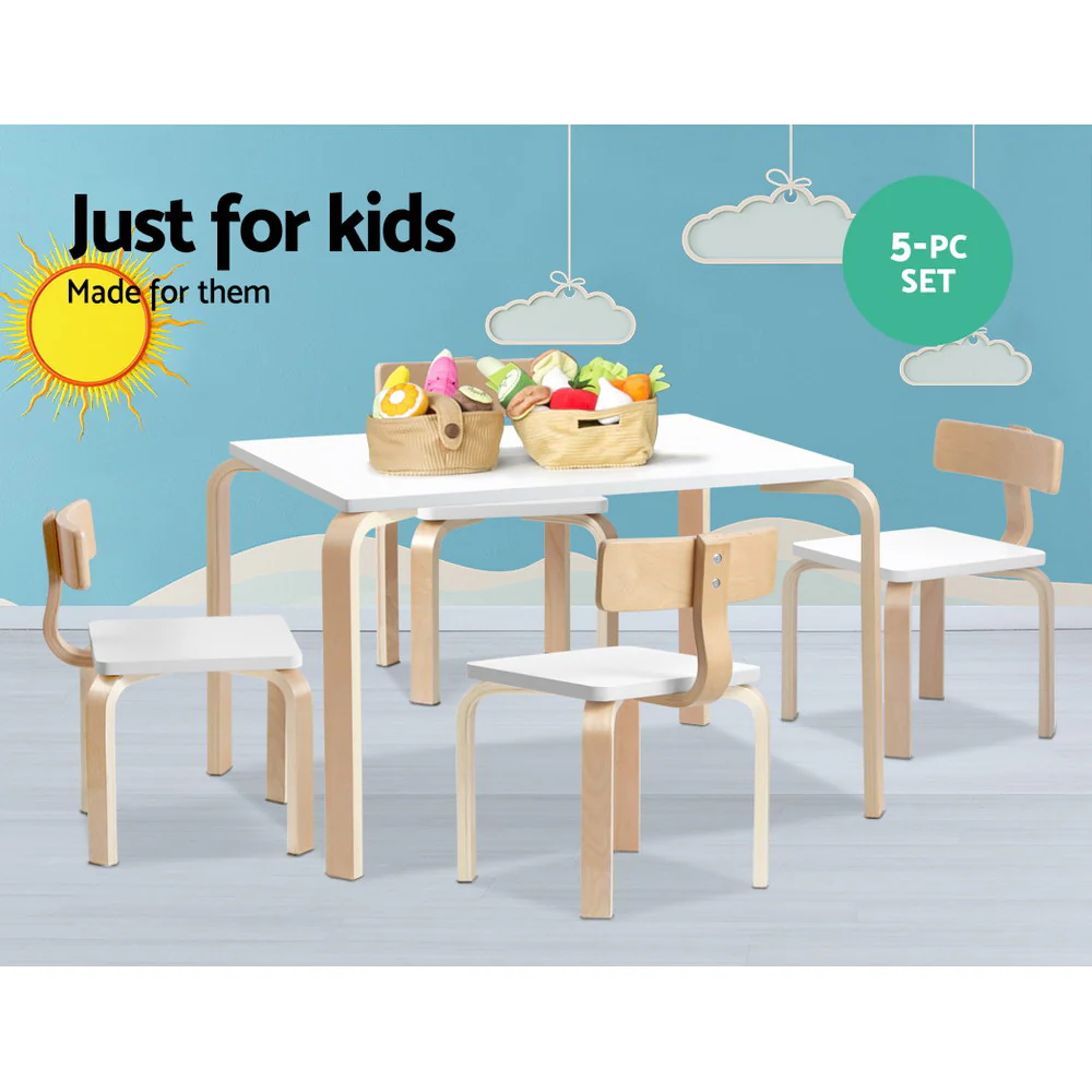 Paige 5-Piece Kids Table & Chairs Set Nordic Desk Activity Dining Study Children Modern - White & Wood - Nurns