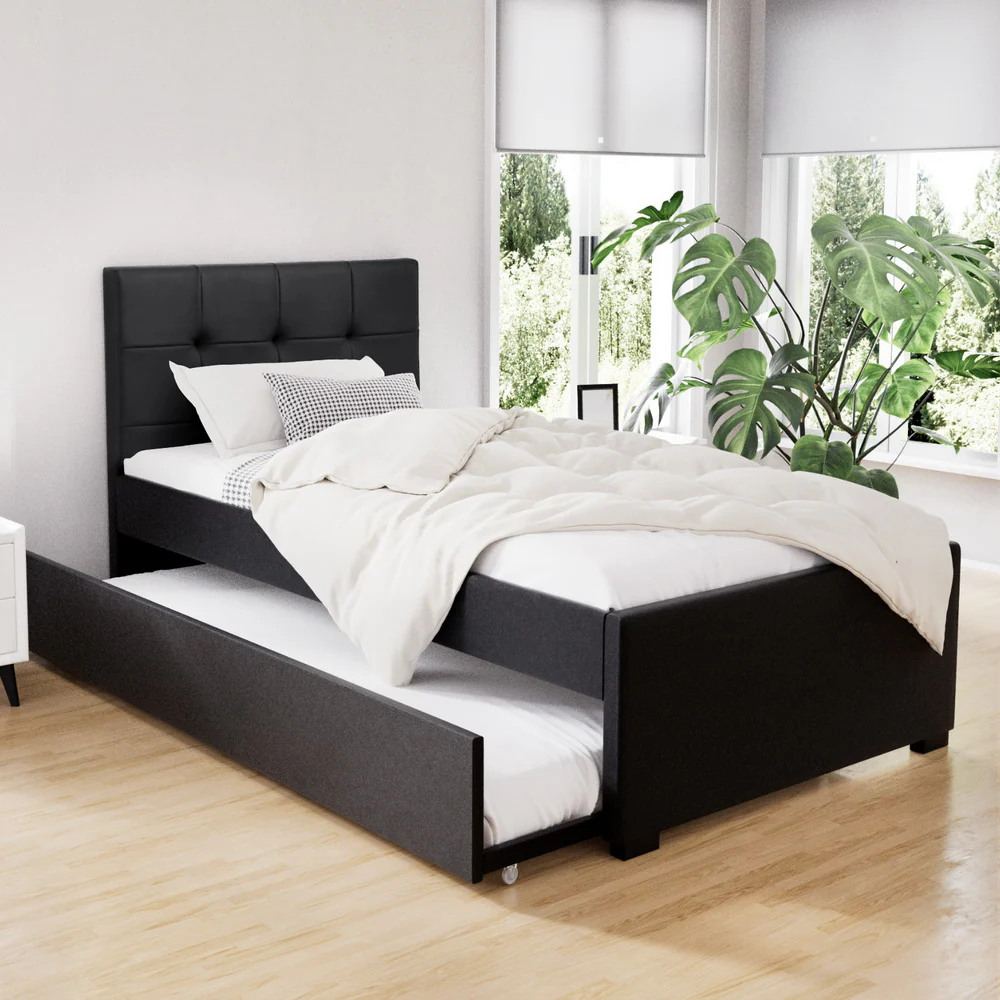 Easton Trundle Wooden Bed Frame with Trundle Bed - Black King Single - Nurns