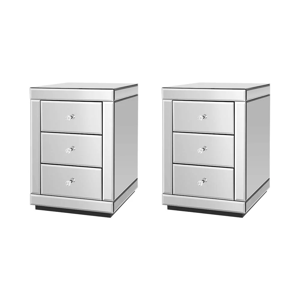 Set of 2 Batoche Mirrored Bedside Table Glass with 3 Drawers - Silver - Nurns