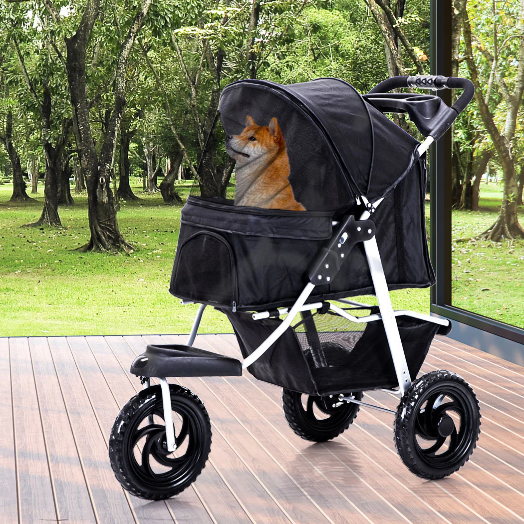 Pet Stroller Pram Dog Carrier Trailer Strollers 3 Wheels Foldable Large - Black Large - Nurns