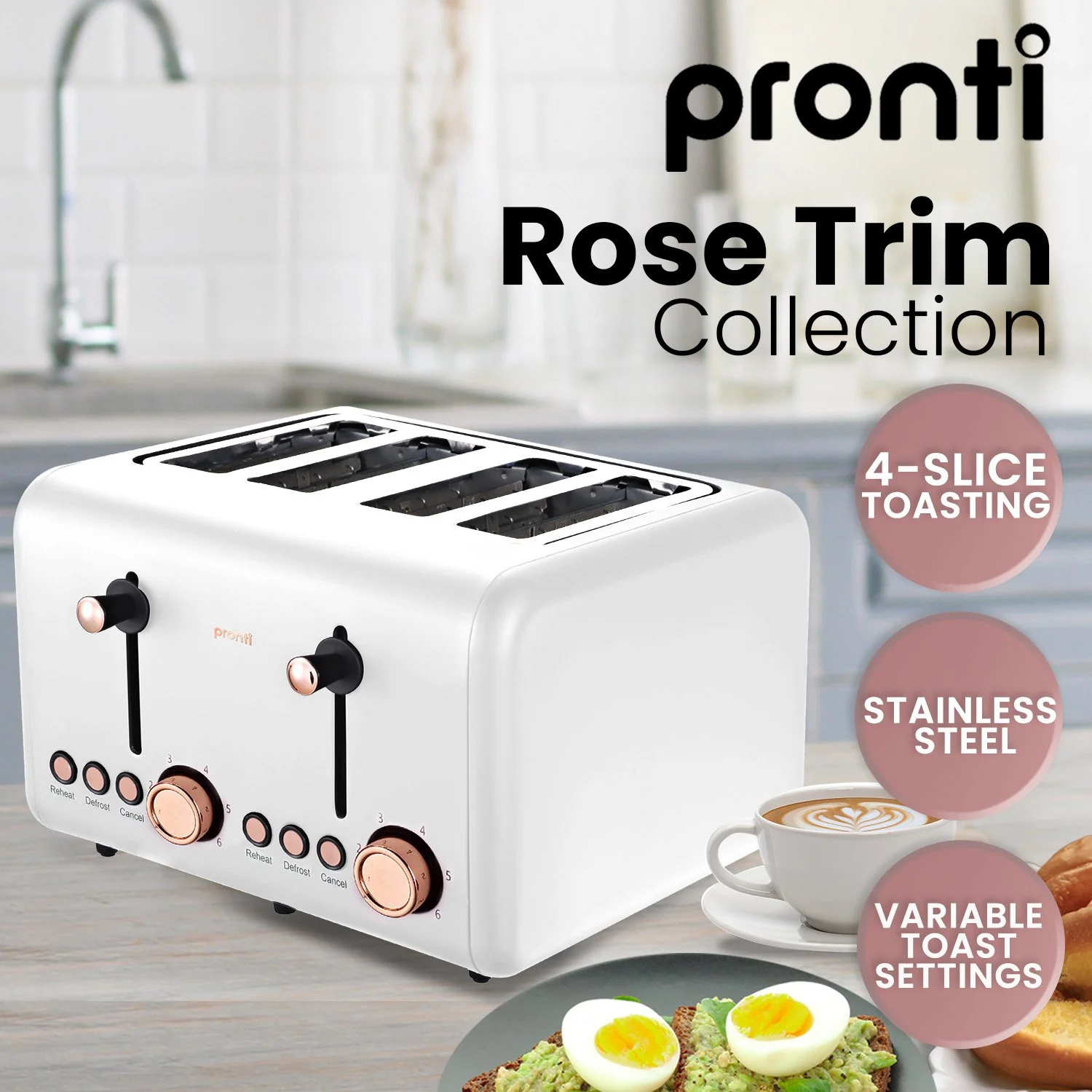Pronti 4 Slice Toaster Rose Trim Collection - White - Nurns