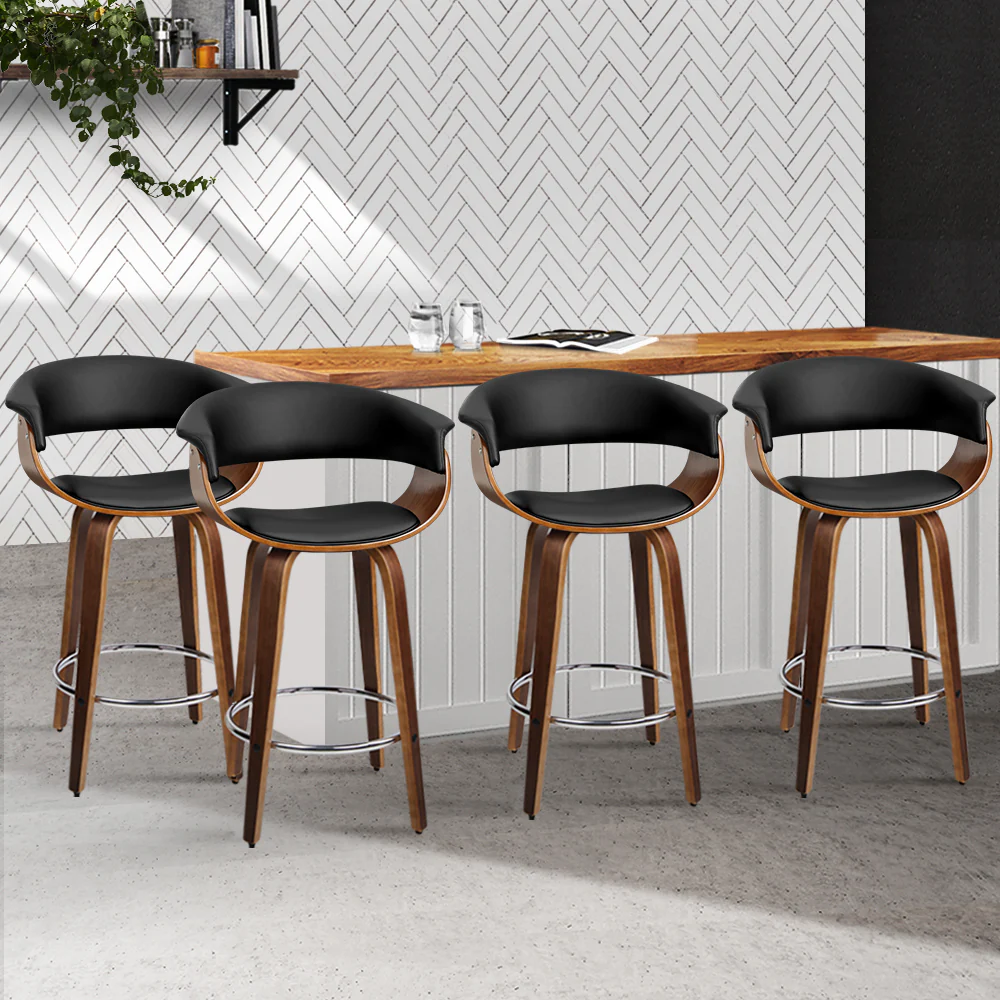 Set of 4 Edessa Swivel PU Leather Bar Stool - Wood & Black - Nurns
