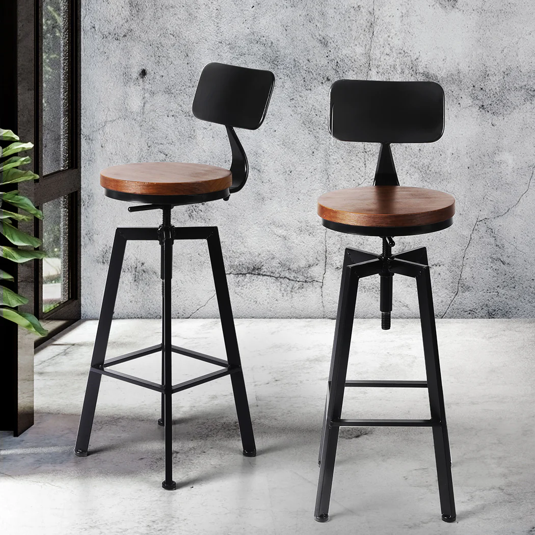 Set of 2 Marseille Industrial Bar Stools Chairs Kitchen Stool Wooden Barstools Swivel - Black & Wood - Nurns