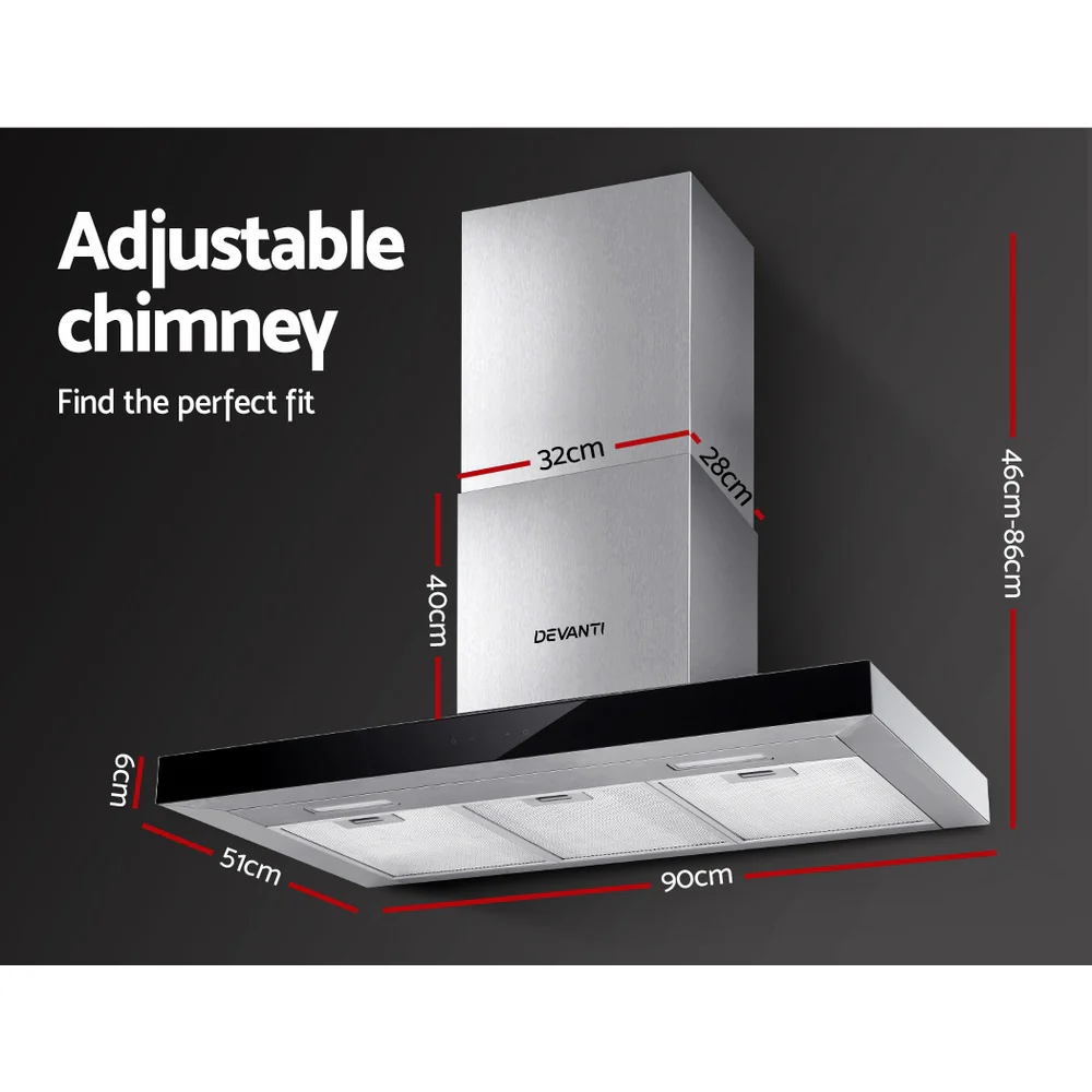 Devanti 900mm Range Hood 90cm Rangehood Glass Stainless Steel - Nurns