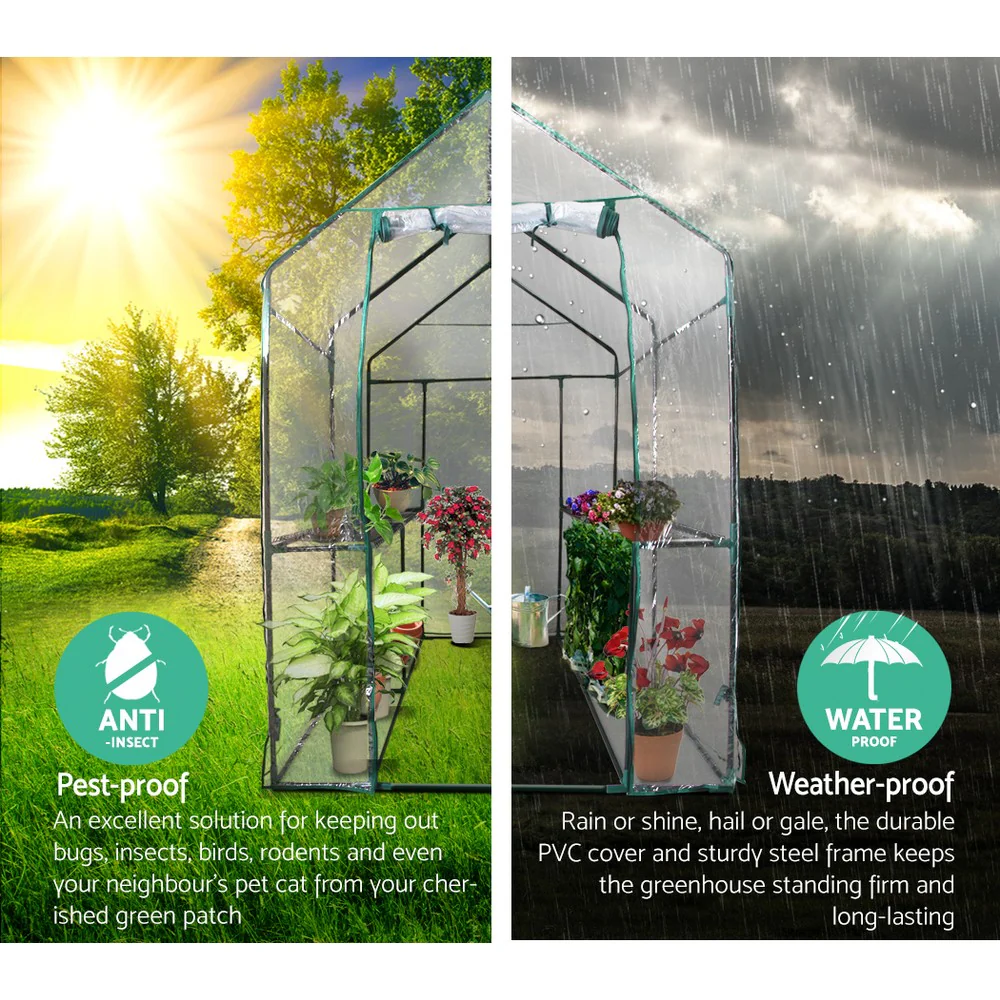 Greenfingers Greenhouse 1.2x1.9x1.9M Walk in Green House Tunnel Clear Garden Shed 4 Shelves - Nurns
