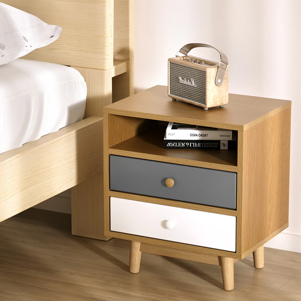 Sudbury Wooden Veneer Bedside Tables with 2 Drawers - Wood, White & Grey - Nurns