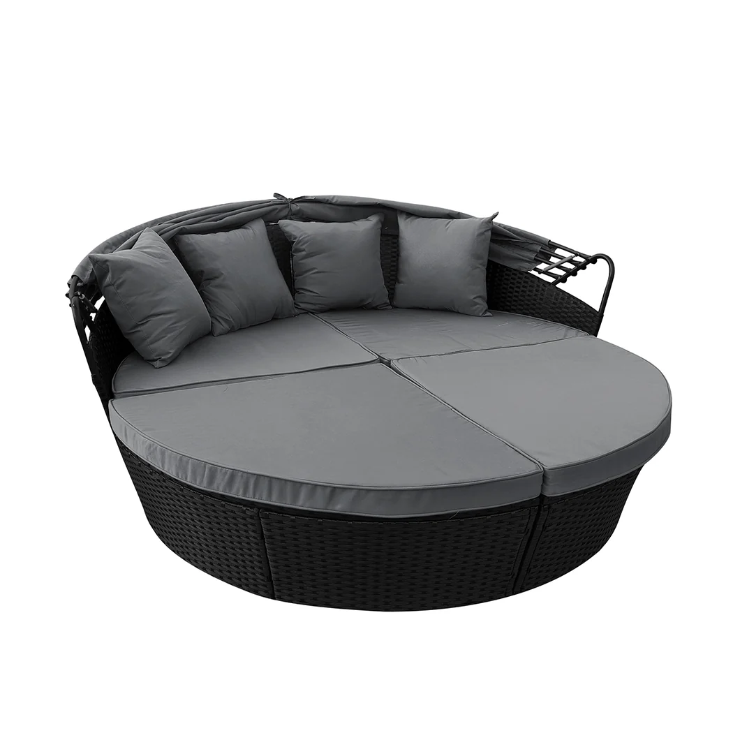 Amelie Day Bed Sofa Daybed Outdoor Garden Sun Lounge Furniture Wicker Round with Grey Cushion - Black - Nurns