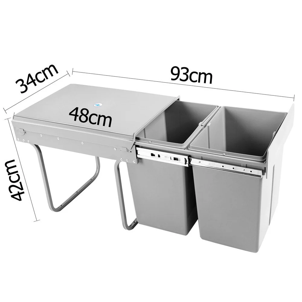 Pull Out Bin Kitchen Double Basket 2X20L Grey - Nurns