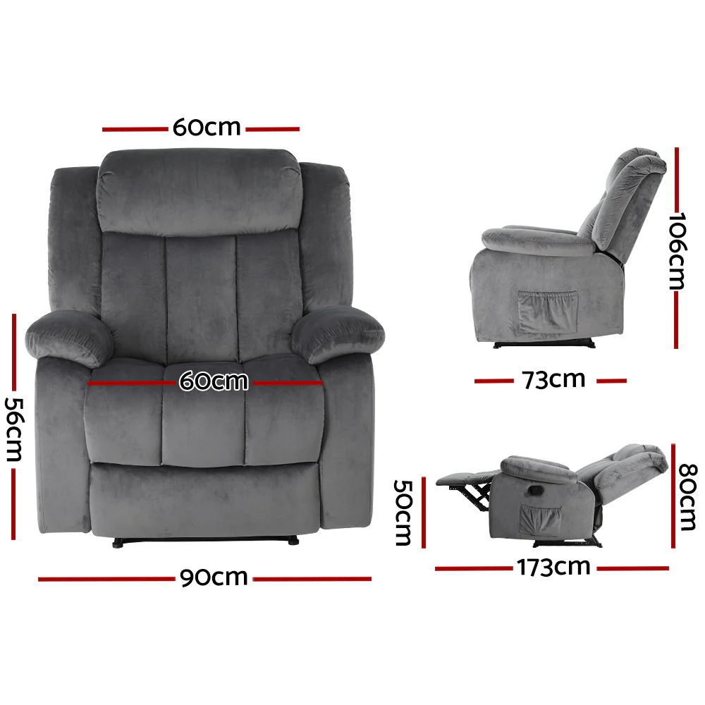 Horus Recliner Chair Electric Massage Chair Velvet Lounge Heated - Grey - Nurns