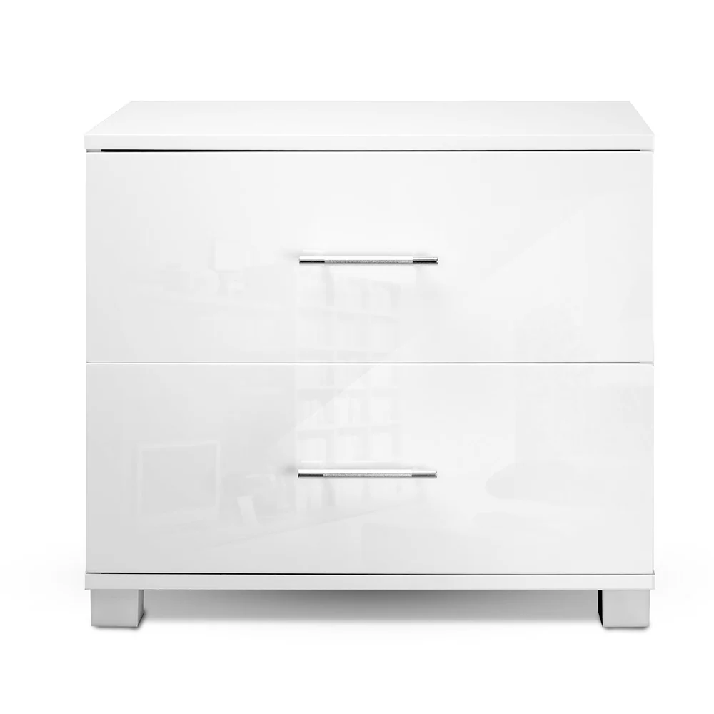 Dorval High Gloss Bedside Table with 2 Drawers - White - Nurns