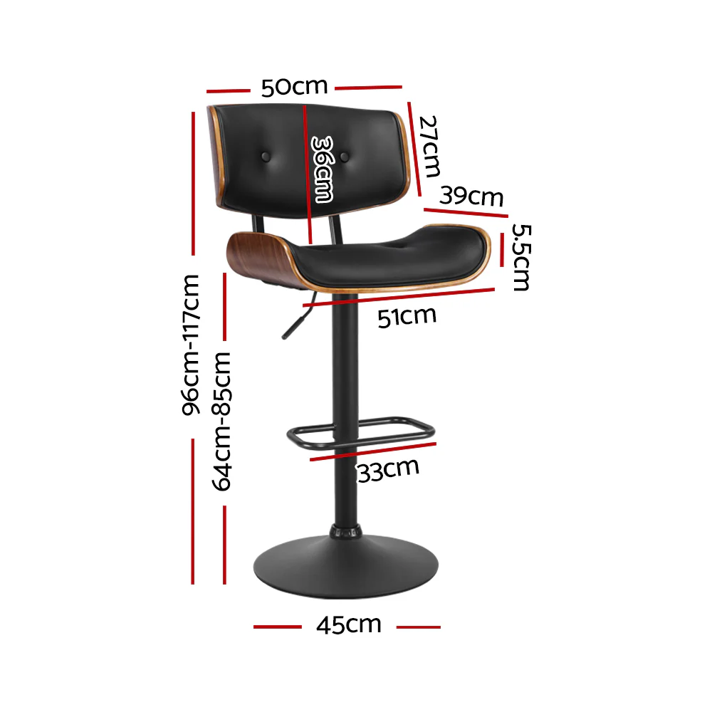 85cm Ancona Bar Stool Gas Lift Wooden PU Leather - Black - Nurns