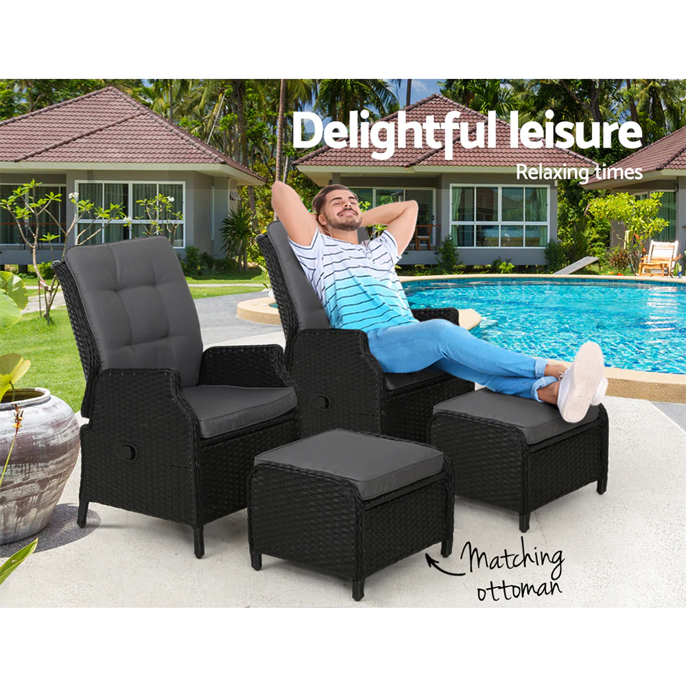 Yeovil Set of 2 Recliner Chair Outdoor Furniture Setting Patio Wicker Sofa Chair and Ottoman - Black - Nurns