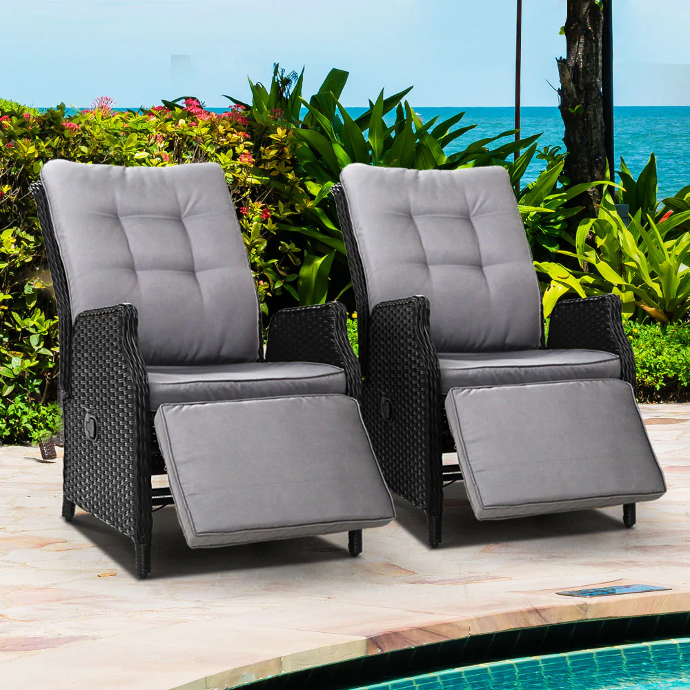 Moore Set of 2 Recliner Chairs Setting Outdoor Furniture Patio Wicker Sofa - Black - Nurns