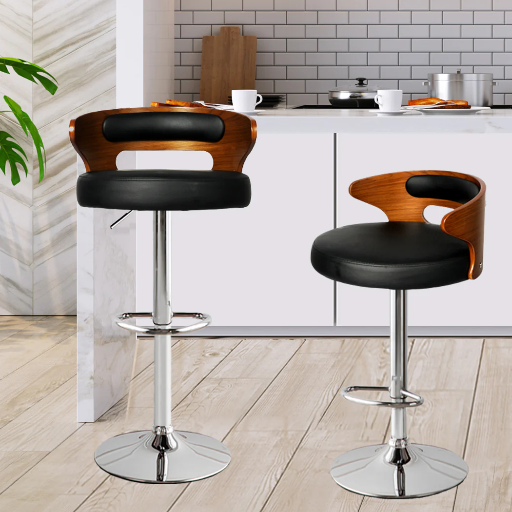 85cm Leipzig Kitchen Bar Stools Gas Lift Wooden Beech Stool Metal Barstools - Black & Silver - Nurns