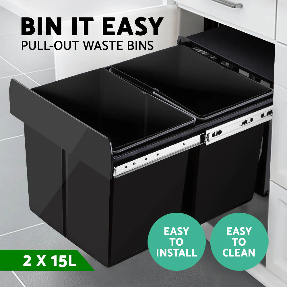 Pull Out Bin Kitchen Double Basket 2X15L Black - Nurns