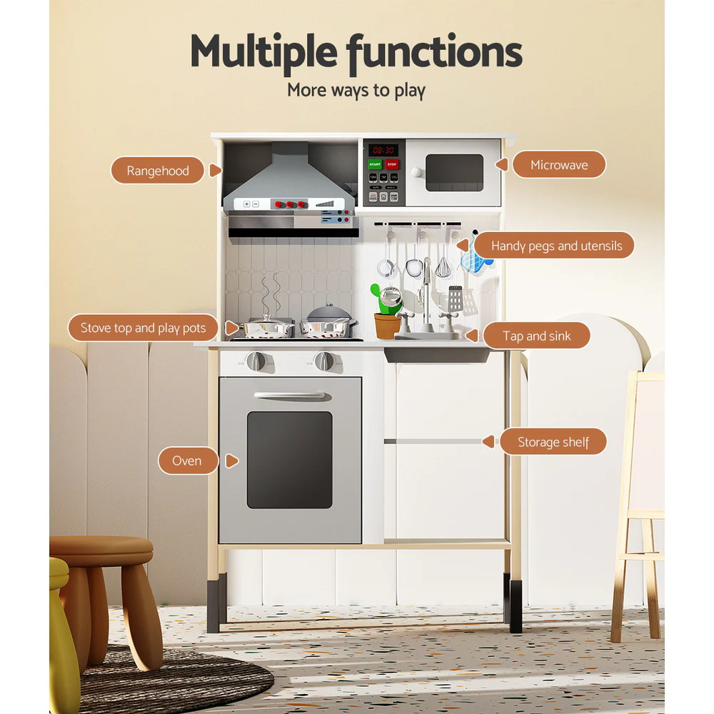 Kids Kitchen with Rangehood Set Pretend Play Wooden Toys Cooking Cookware Childrens Toy - Nurns