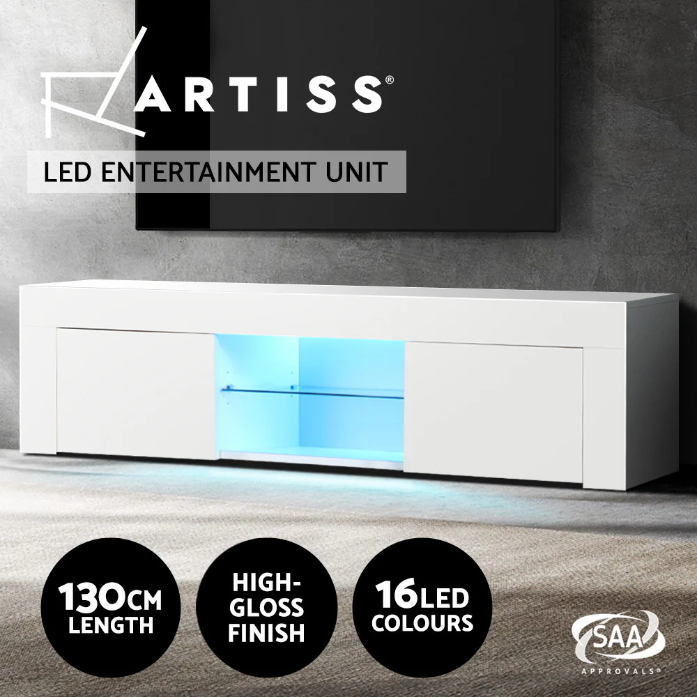 Morten 130cm TV Cabinet Entertainment Unit Stand RGB LED Gloss Furniture - White - Nurns