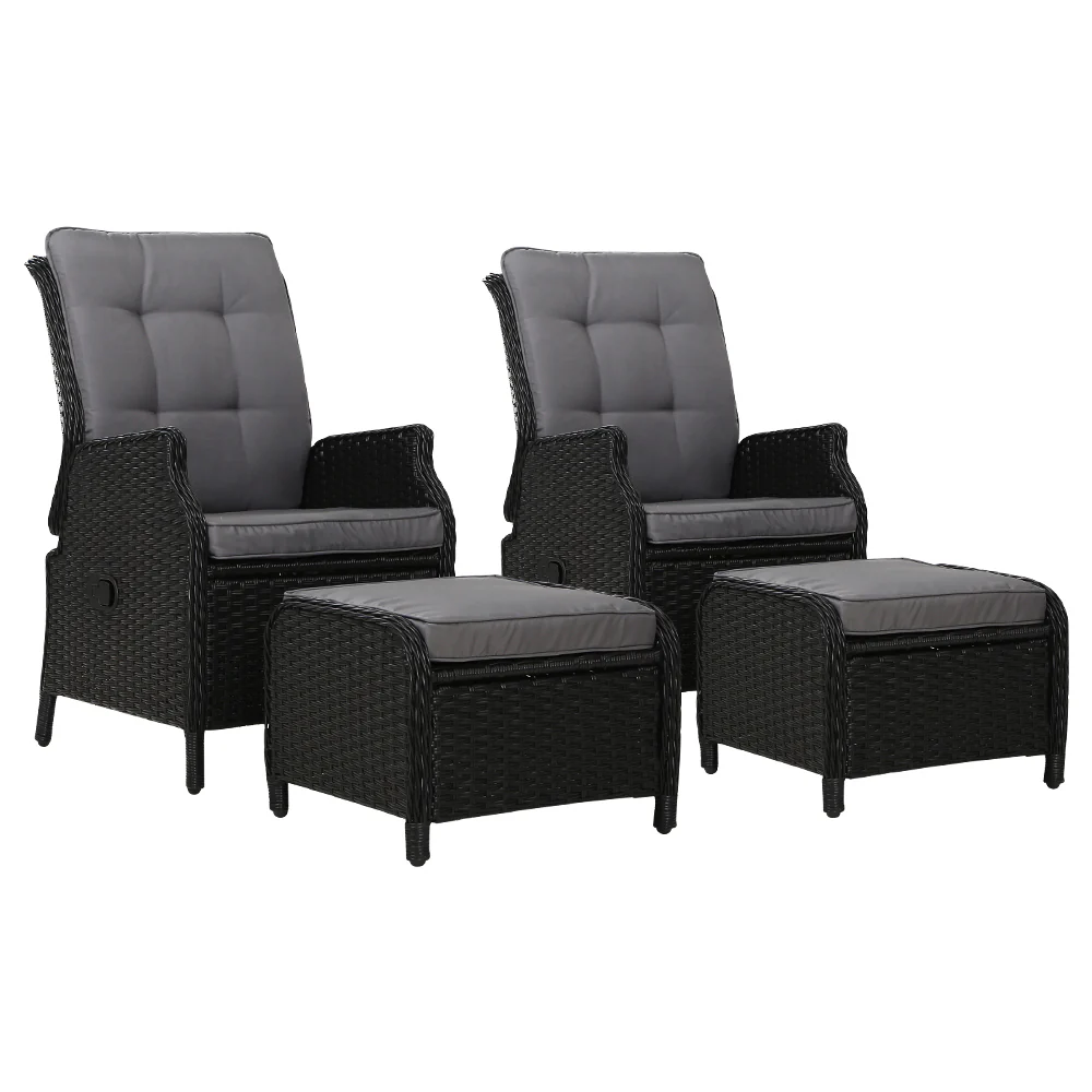 Yeovil Set of 2 Recliner Chair Outdoor Furniture Setting Patio Wicker Sofa Chair and Ottoman - Black - Nurns