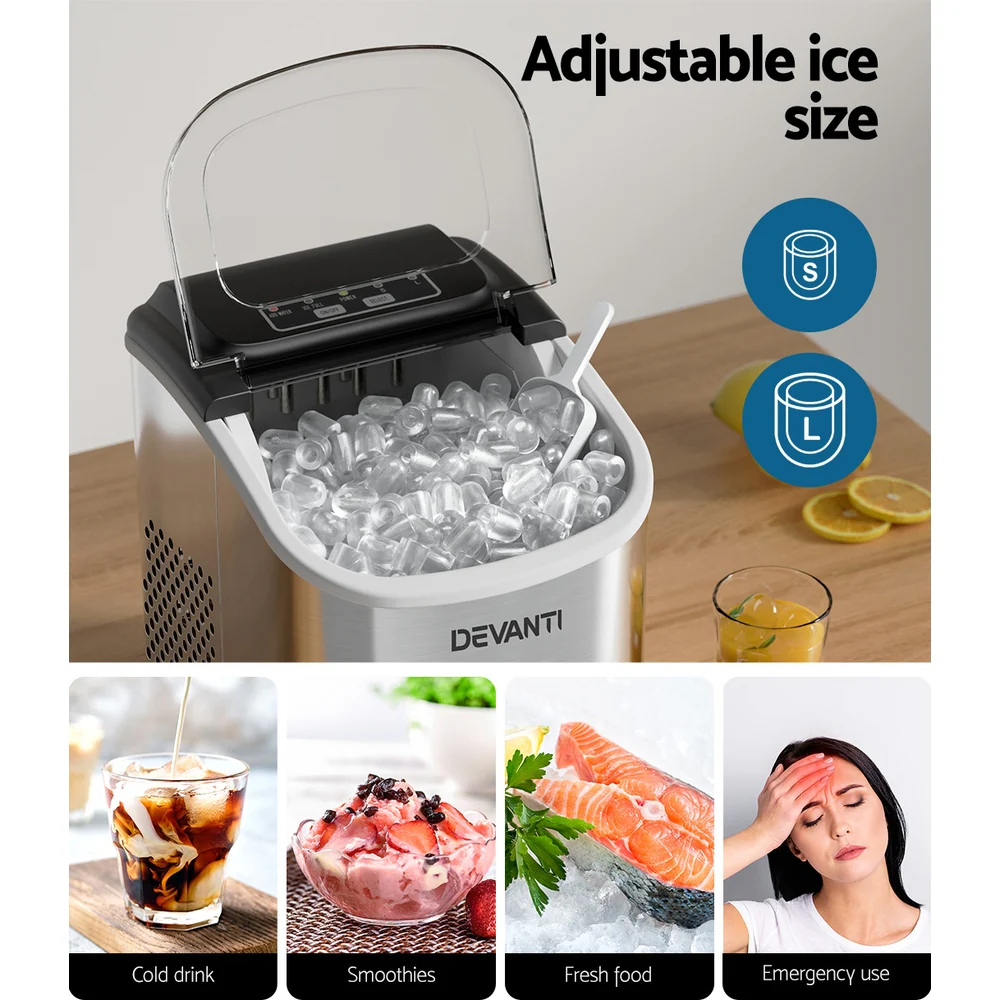 Devanti 12kg Ice Maker Machine with Self Cleaning Silver - Nurns