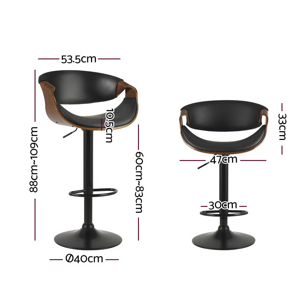 Set of 2 Montpellier Bar Stools Swivel Chair Kitchen Gas Lift Wooden Bar Stool Leather - Black - Nurns
