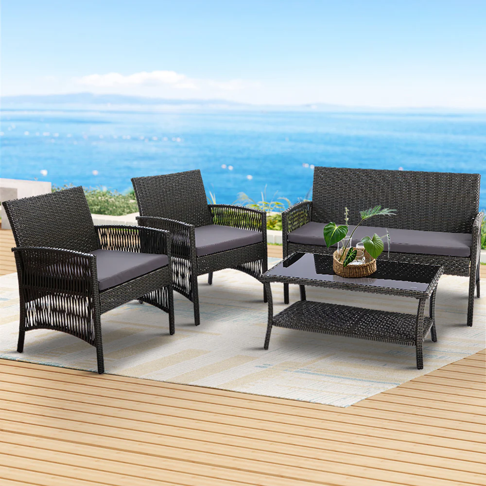 Luis 4-Seater Wicker Harp Chair Table Garden Furniture 4-Piece Outdoor Sofa Set - Grey - Nurns