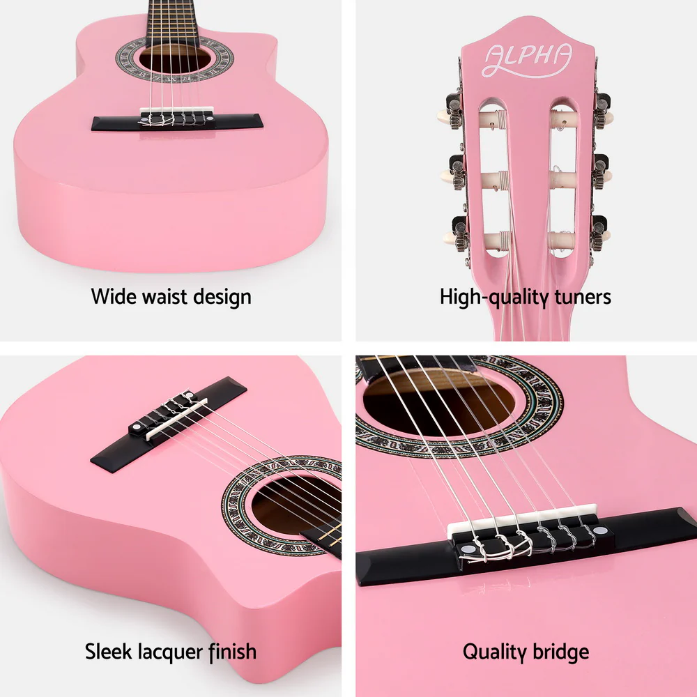 Alpha 34 Inch Classical Guitar Wooden Body Nylon String Beginner Kids Gift Pink - Nurns