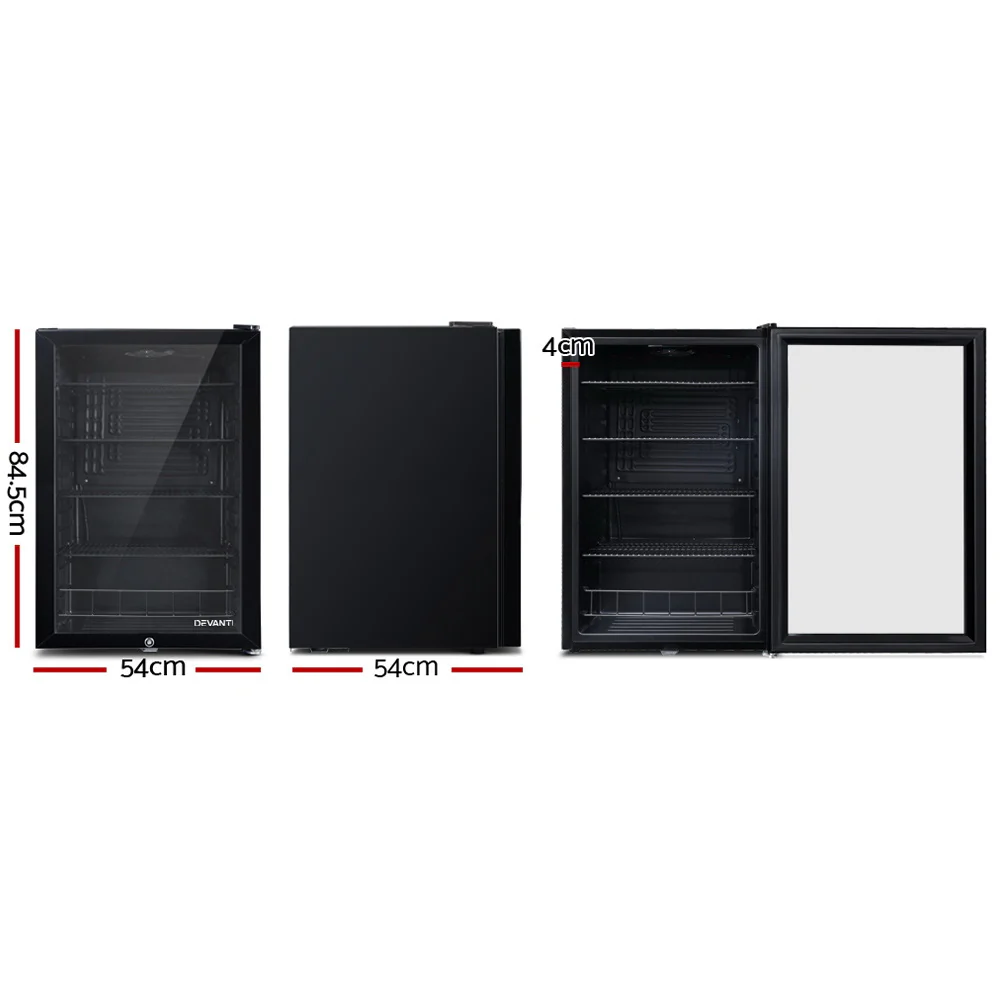 Devanti 115L Bar Fridge Glass Door with Light Black - Nurns