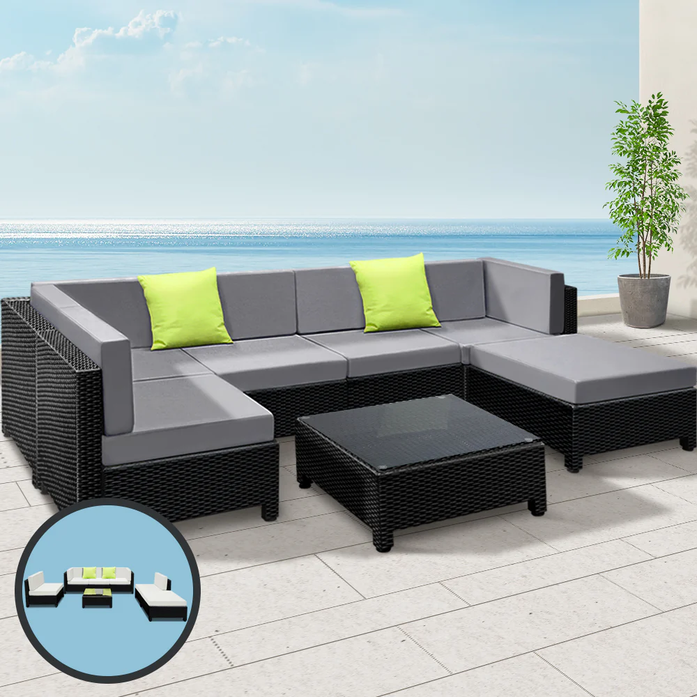 Homer 6-Seater Outdoor Set Furniture Lounge Setting Wicker Couches Garden Patio Pool 7-Piece Sofa - Black - Nurns