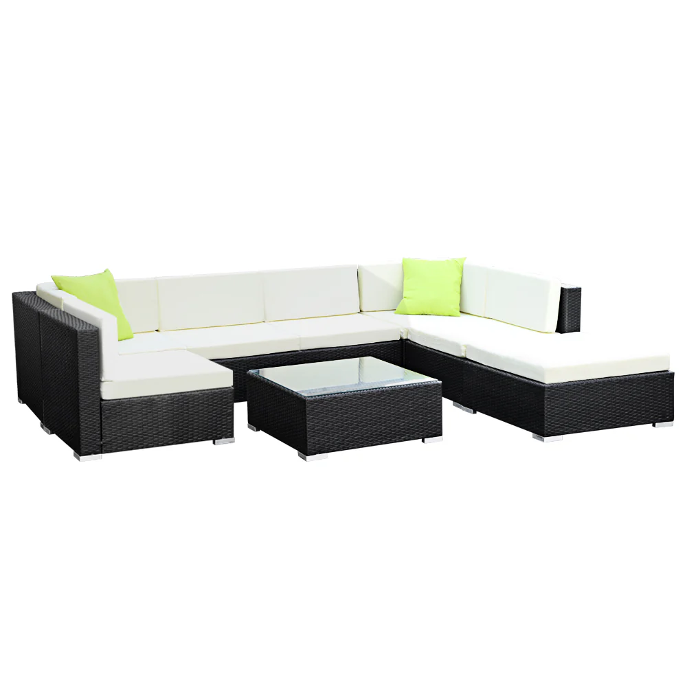 Chester 7-Seater Outdoor Set Furniture Wicker 8-Piece Sofa with Storage Cover - Black - Nurns