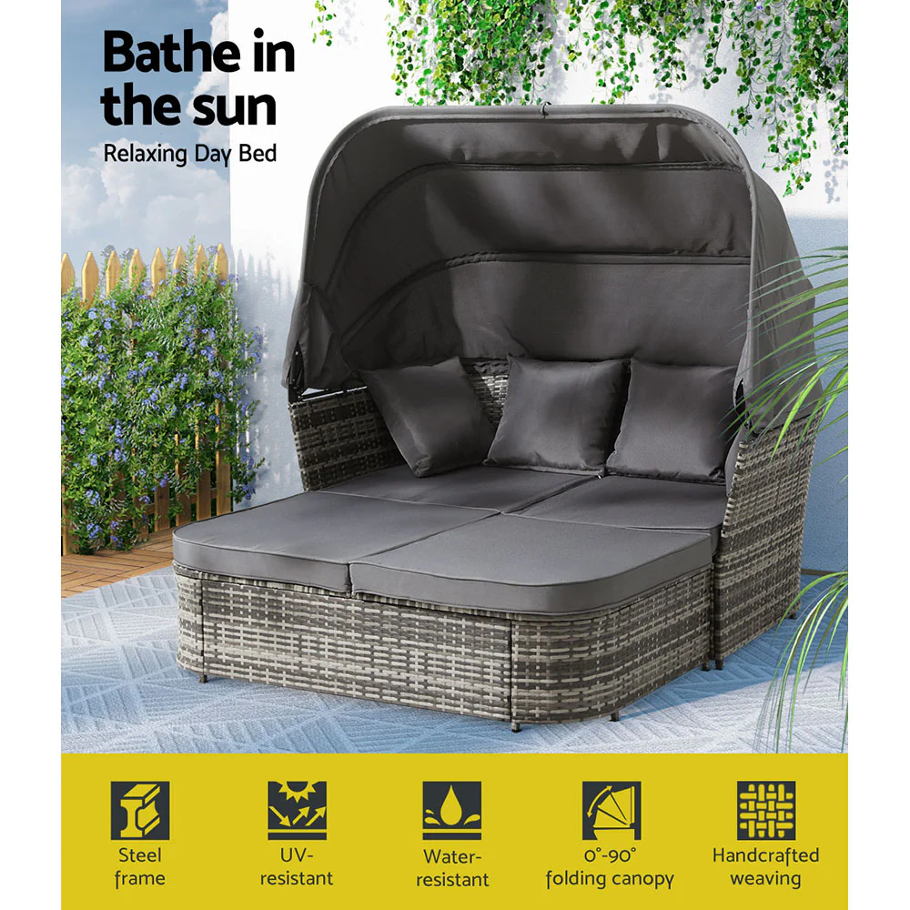 Elysia Outdoor Sun Lounge Setting Patio Furniture Wicker Sofa Day Bed - Grey - Nurns