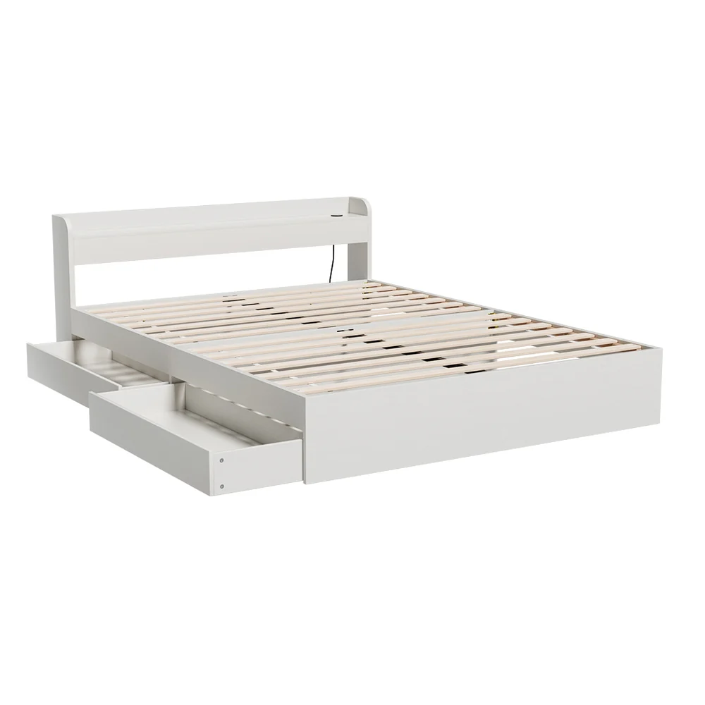 Rosemary Bed Frame Mattress Base wtih Charging Ports 2 Storage Drawers - White Queen - Nurns