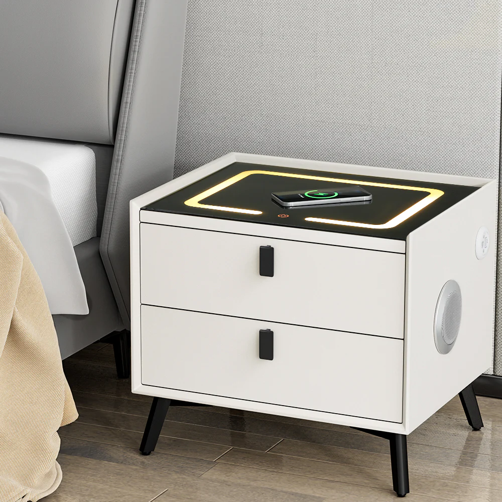 Brooks LED Bedside Tables Smart with Wireless Charging Ports with 2 Drawers - White - Nurns
