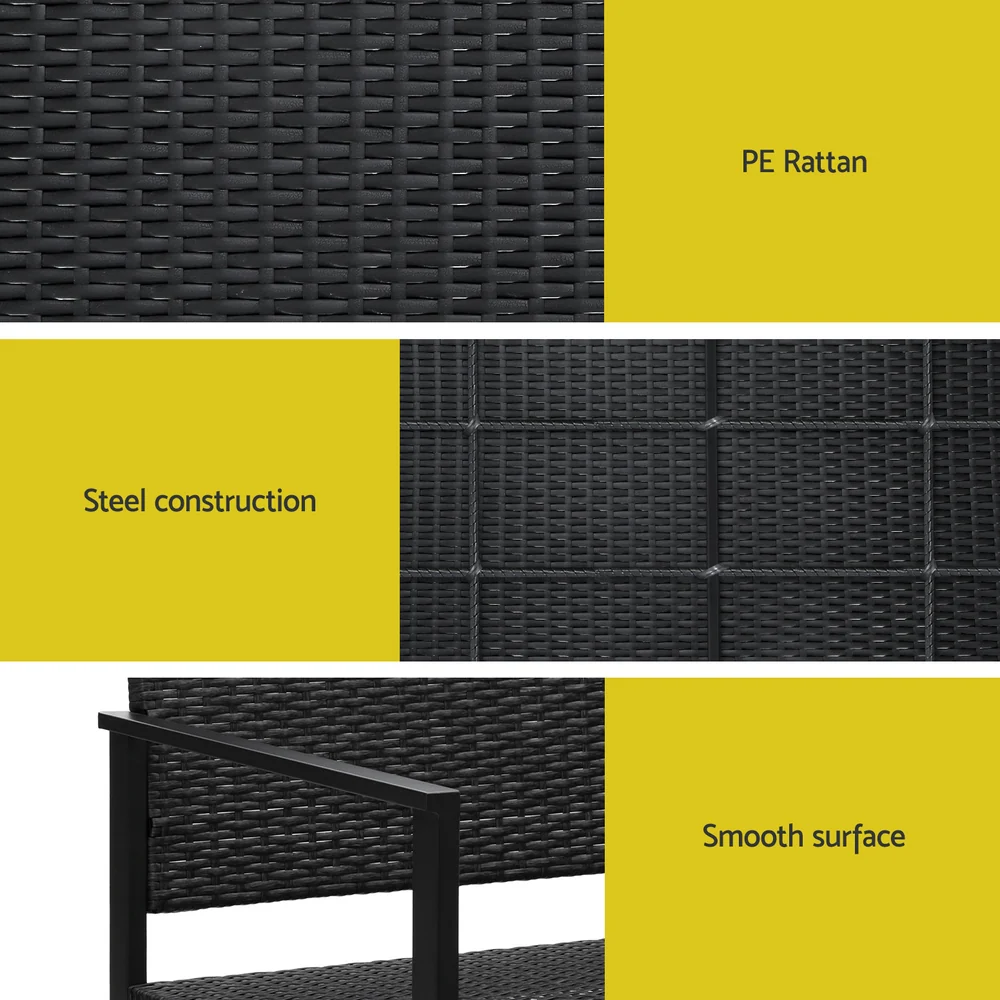 Fritz 2-Seater Outdoor Garden Bench Seat Rattan Chair Steel Patio Furniture Park - Black - Nurns