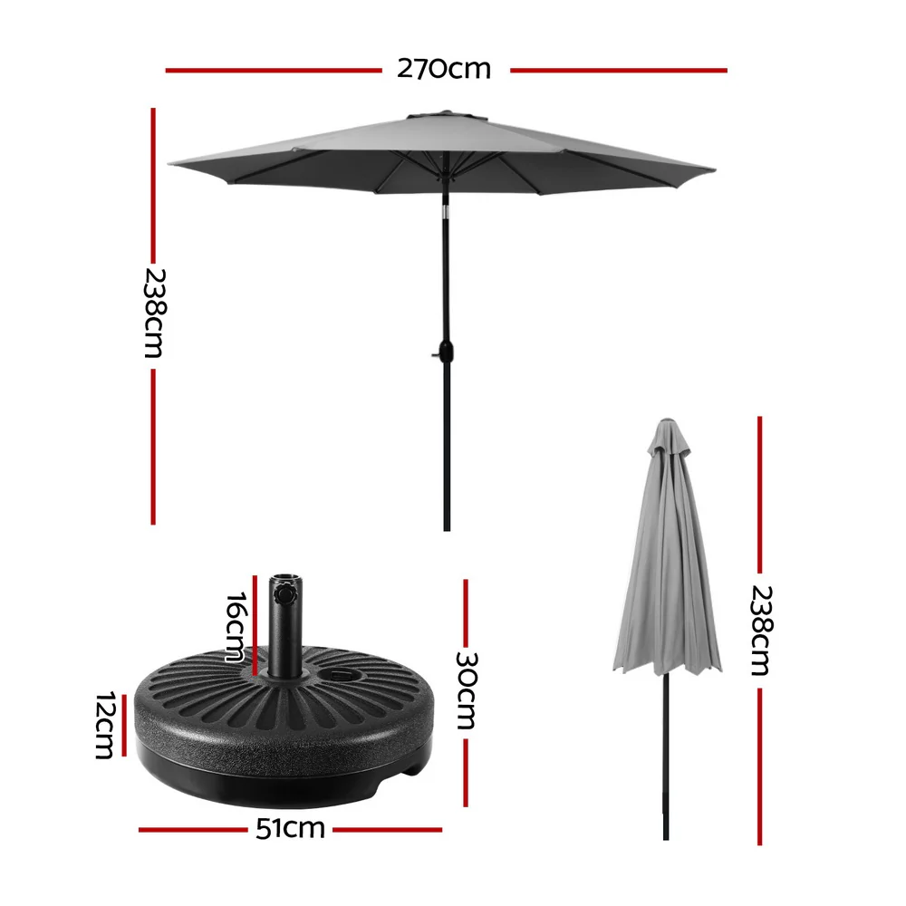 Instahut 2.7m Outdoor Umbrella w/Base Pole Stand Garden Sun Charcoal - Nurns