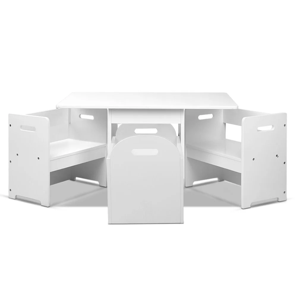 Perline 3-Piece Kids Table & Chairs Set Multi-function and Chair Hidden Storage Box Toy Activity Desk - White - Nurns