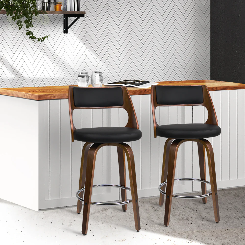 Set of 2 Kastoria Wooden Bar Stools PU Leather - Black & Wood - Nurns
