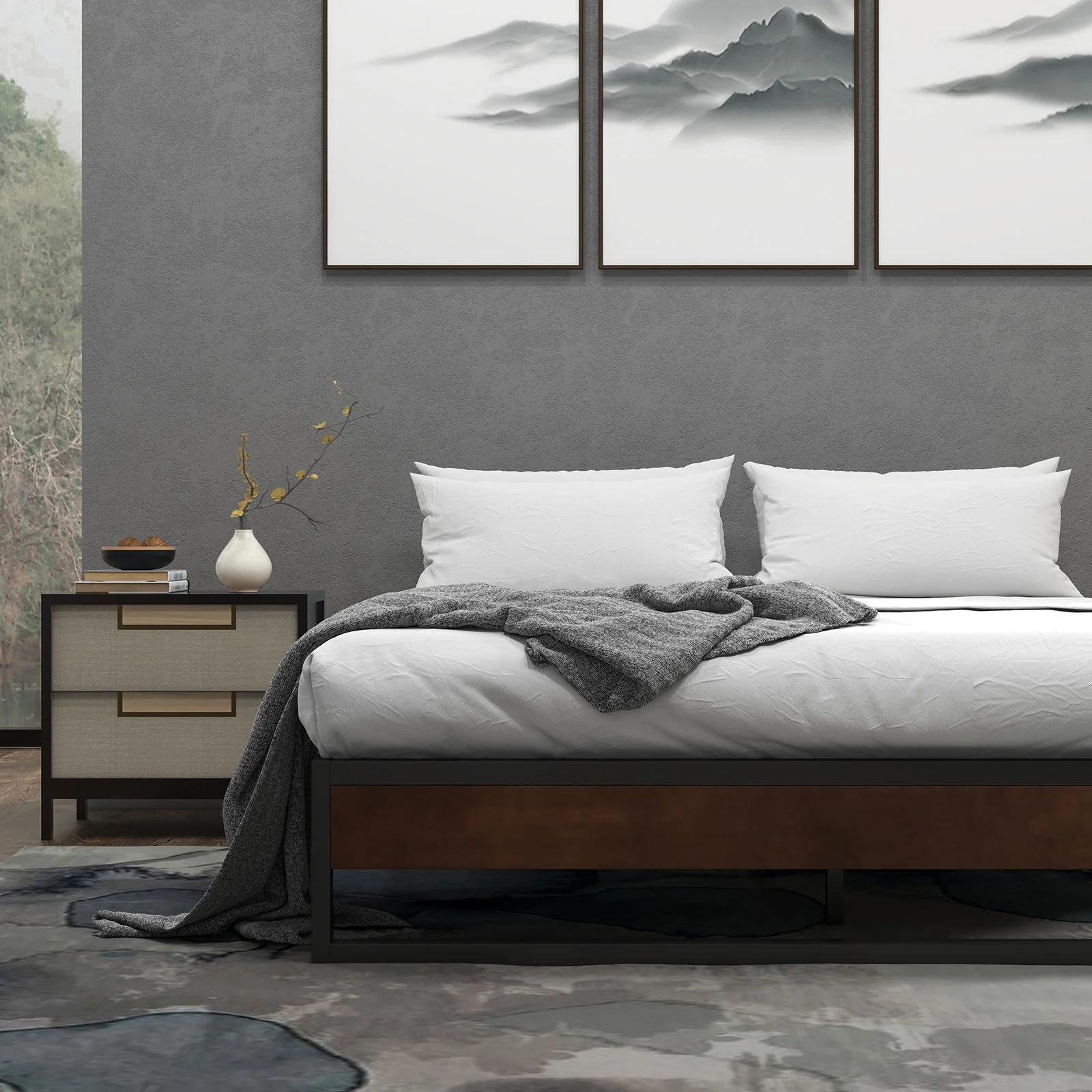 Tiel Metal and Wood Bed Frame Base - Black Single - Nurns