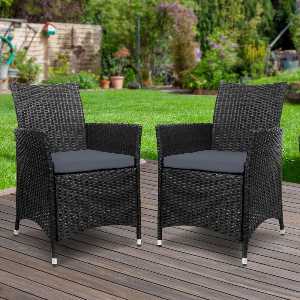 Mitchell Set of 2 Outdoor Bistro Set Dining Chairs Patio Furniture Wicker Garden Cushion - Black - Nurns