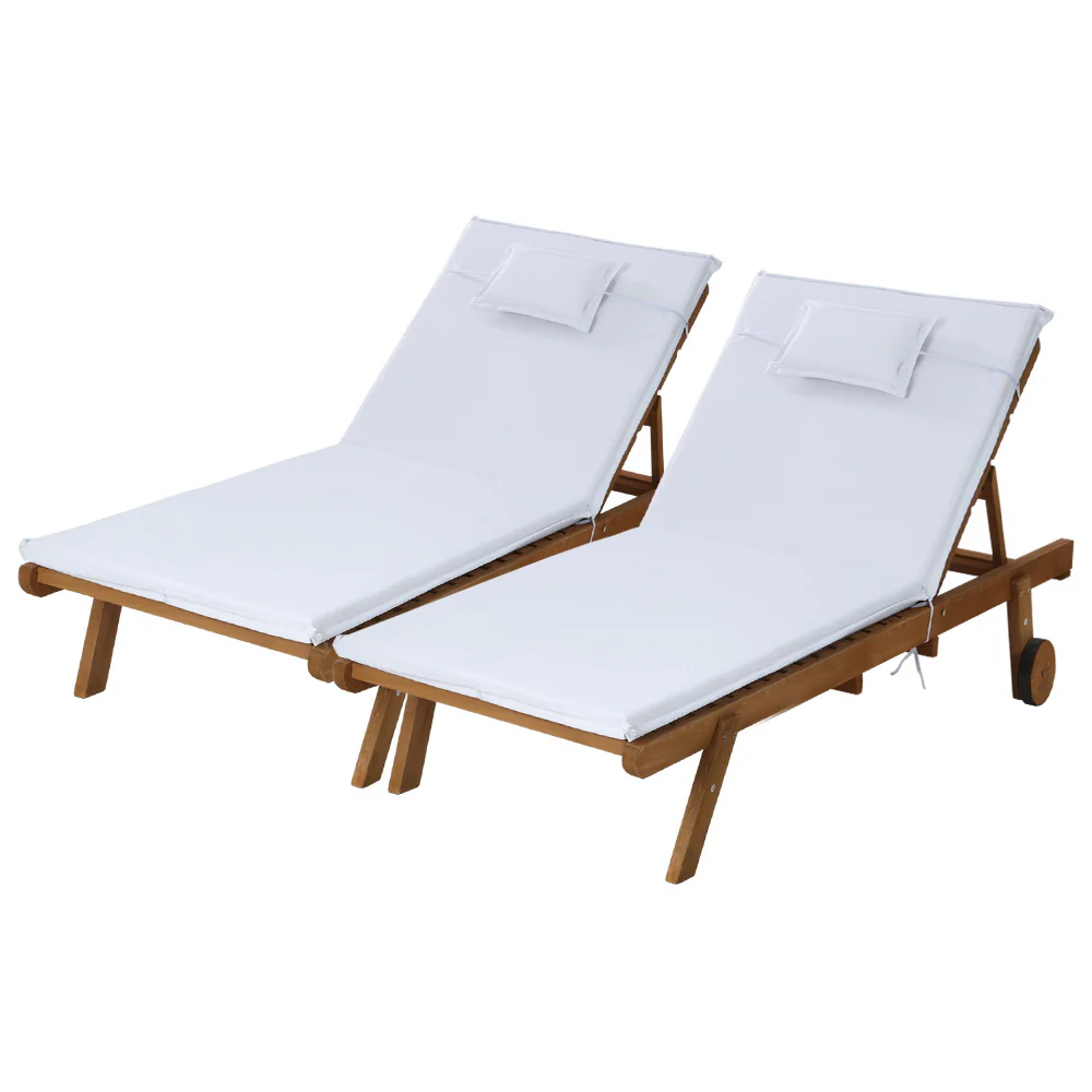 Manchester Set of 2 Outdoor Sun Lounger Wooden Lounge Day Bed Patio Outdoor Setting Furniture with Wheels - White - Nurns