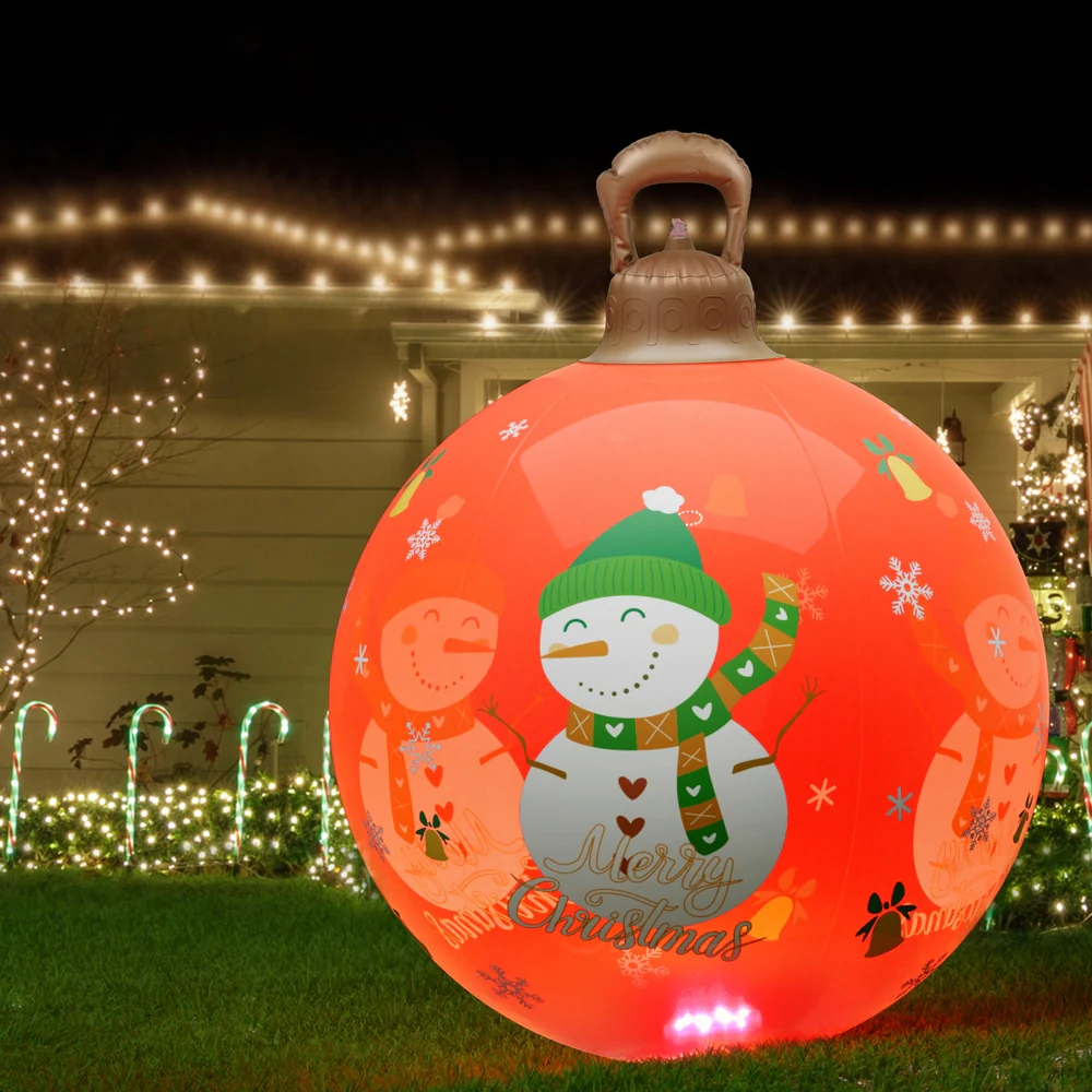 Snowman Giant Bauble Ball Christmas Inflatable Illuminated LED Snowman Xmas Decor Red - 60cm - Nurns