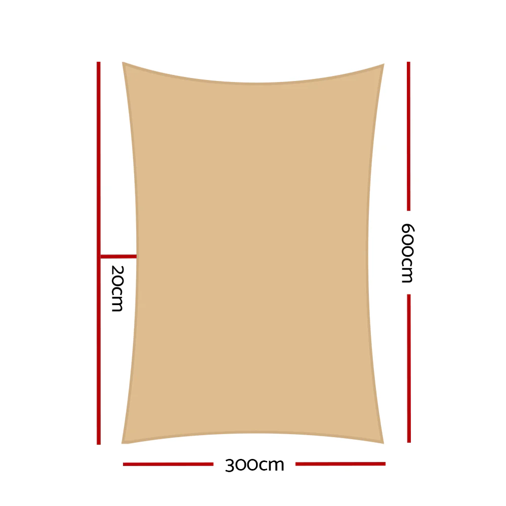 Instahut Shade Sail 3x6m Rectangle 185GSM 95% Sand Shade Cloth - Nurns