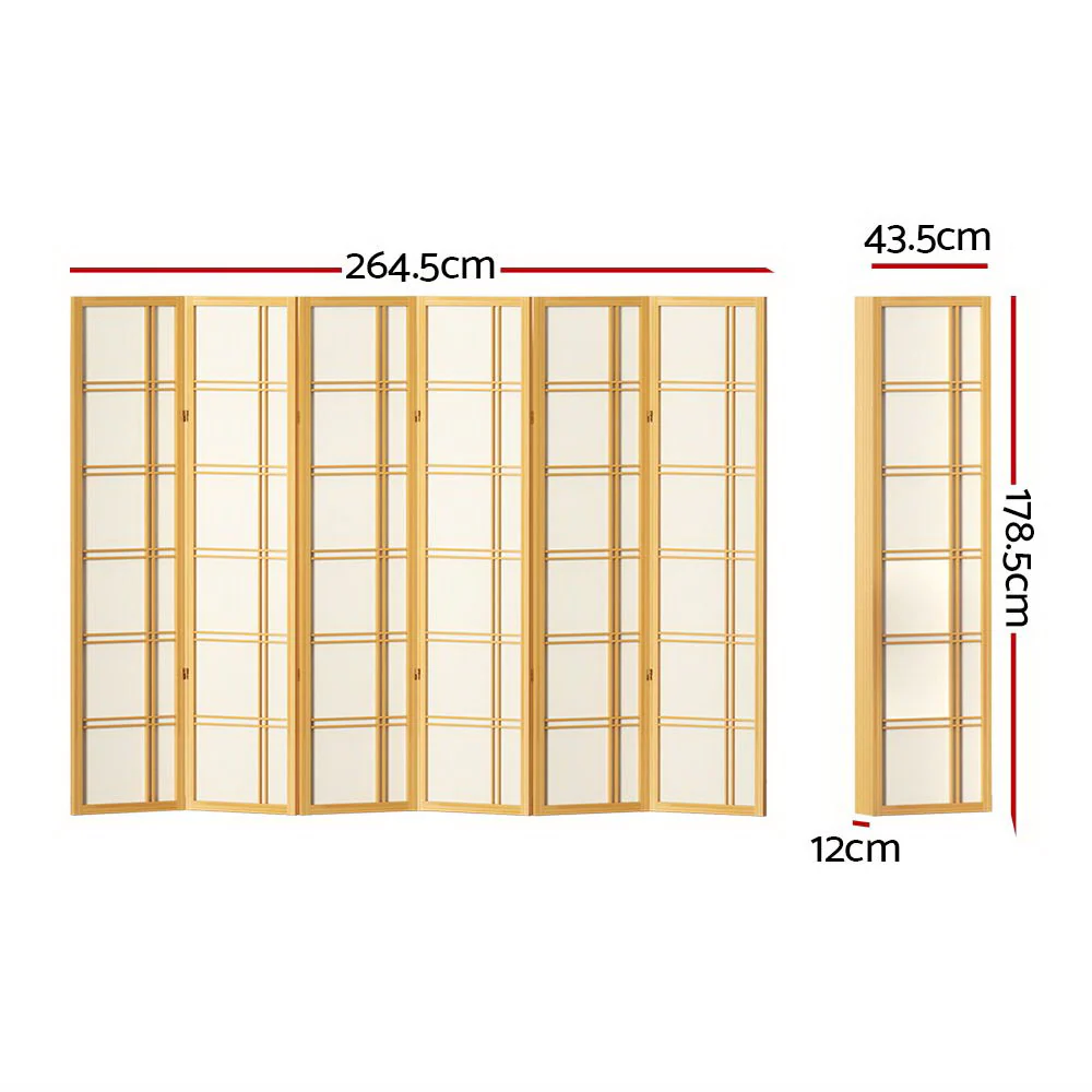 6 Panel Room Divider Screen 265x179cm - Natural - Nurns