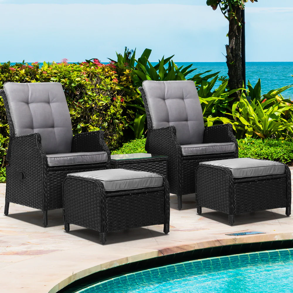 Yeovil 5-Piece Recliner Chair Outdoor Furniture Setting Patio Wicker Sofa Chair and Ottoman - Black - Nurns
