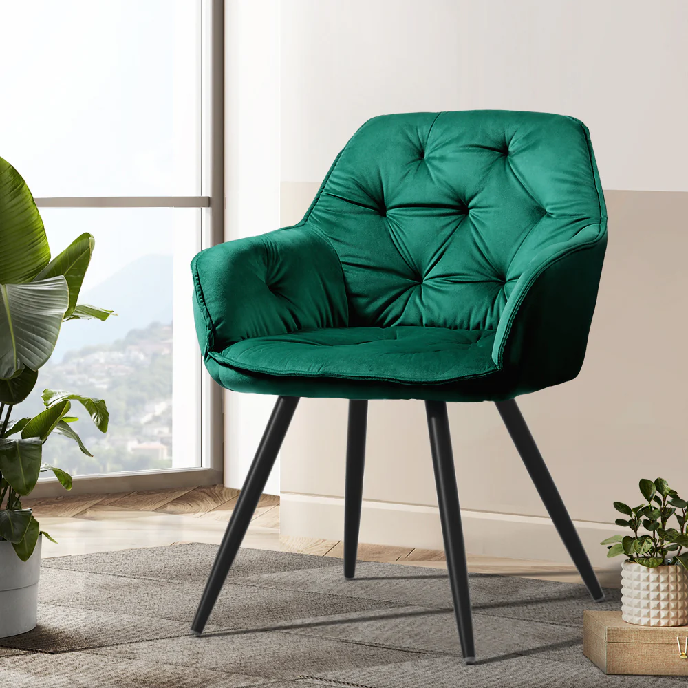 Everly Set of 2 Dining Chairs Velvet Diamond Tufted Armchair - Green - Nurns