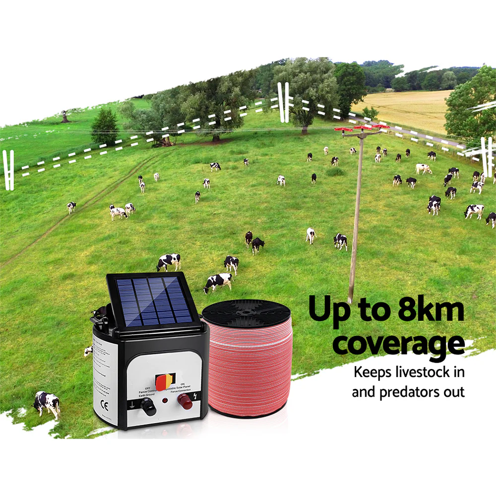 Electric Fence Energiser 8km Set Solar Powered Energizer + 2000m Tape - Nurns