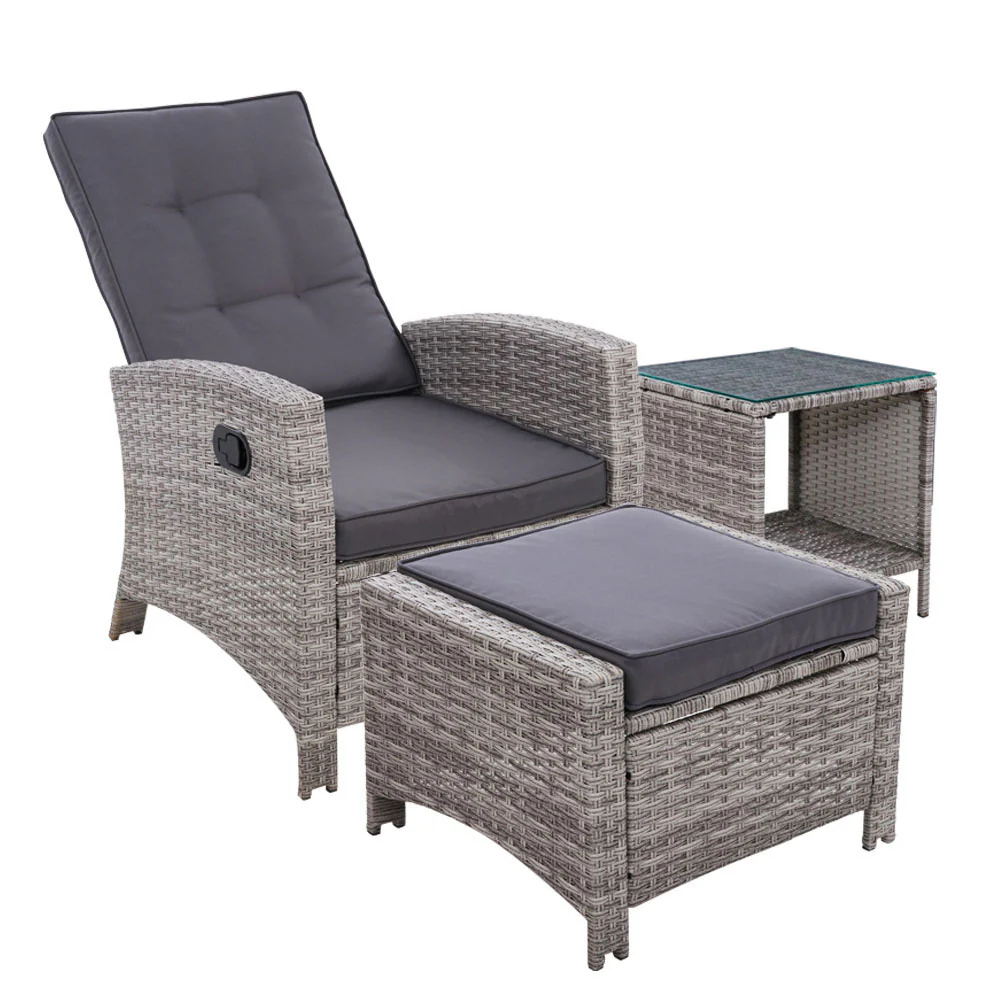 Ross 3-Piece Recliner Chair Outdoor Furniture Bistro Setting Patio Wicker Sofa Chair and Ottoman - Grey - Nurns