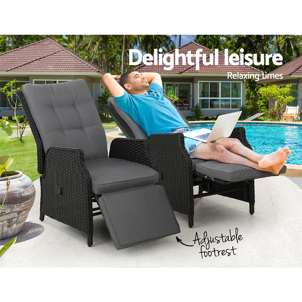Moore Set of 2 Recliner Chairs Setting Outdoor Furniture Patio Wicker Sofa - Black - Nurns